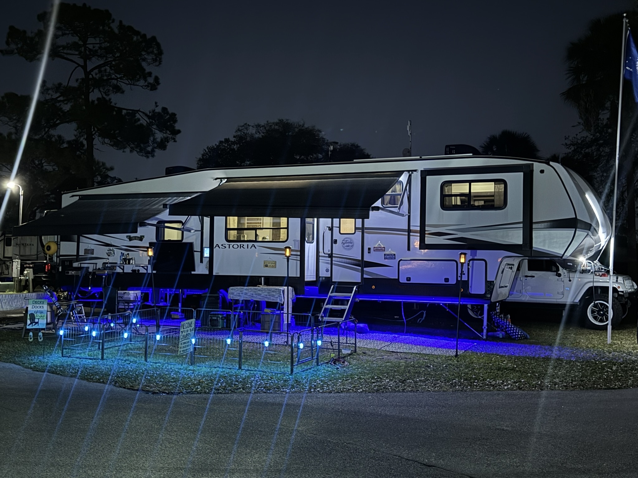 RV exterior illuminated at night