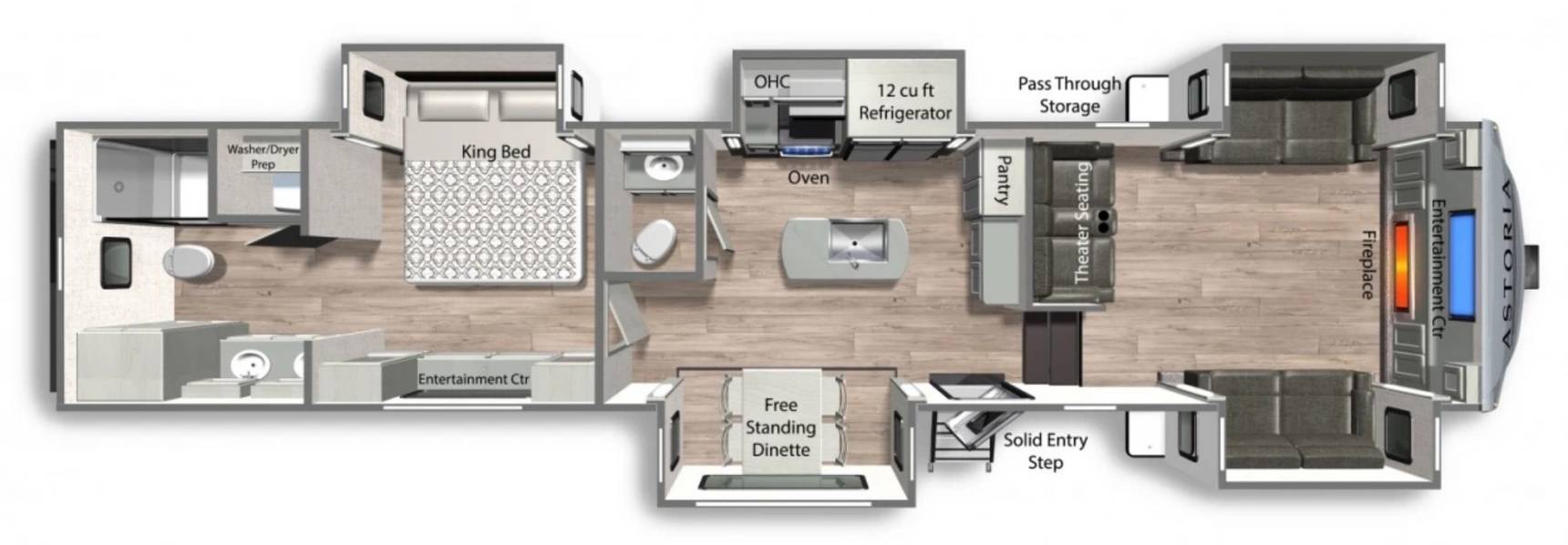 Floor plan of the Astoria Platinum 3803 fifth-wheel RV showing the king bedroom, two bathrooms, kitchen island, dinette, theater seating, fireplace, and rear living room